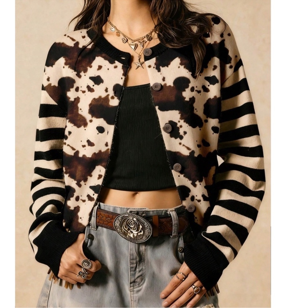 Cozy Cow Print Striped Button Down Cardigan S M L